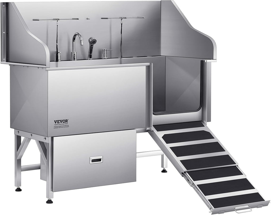 VEVOR Professional 304 Stainless Steel Dog Bathing Station, 61 inch Pet Grooming Tub w/Anti-Slip ramp, Storage Drawer, Cold Hot Faucet Showerhead for Large & Medium & Small (Right Door, with Drawer)
