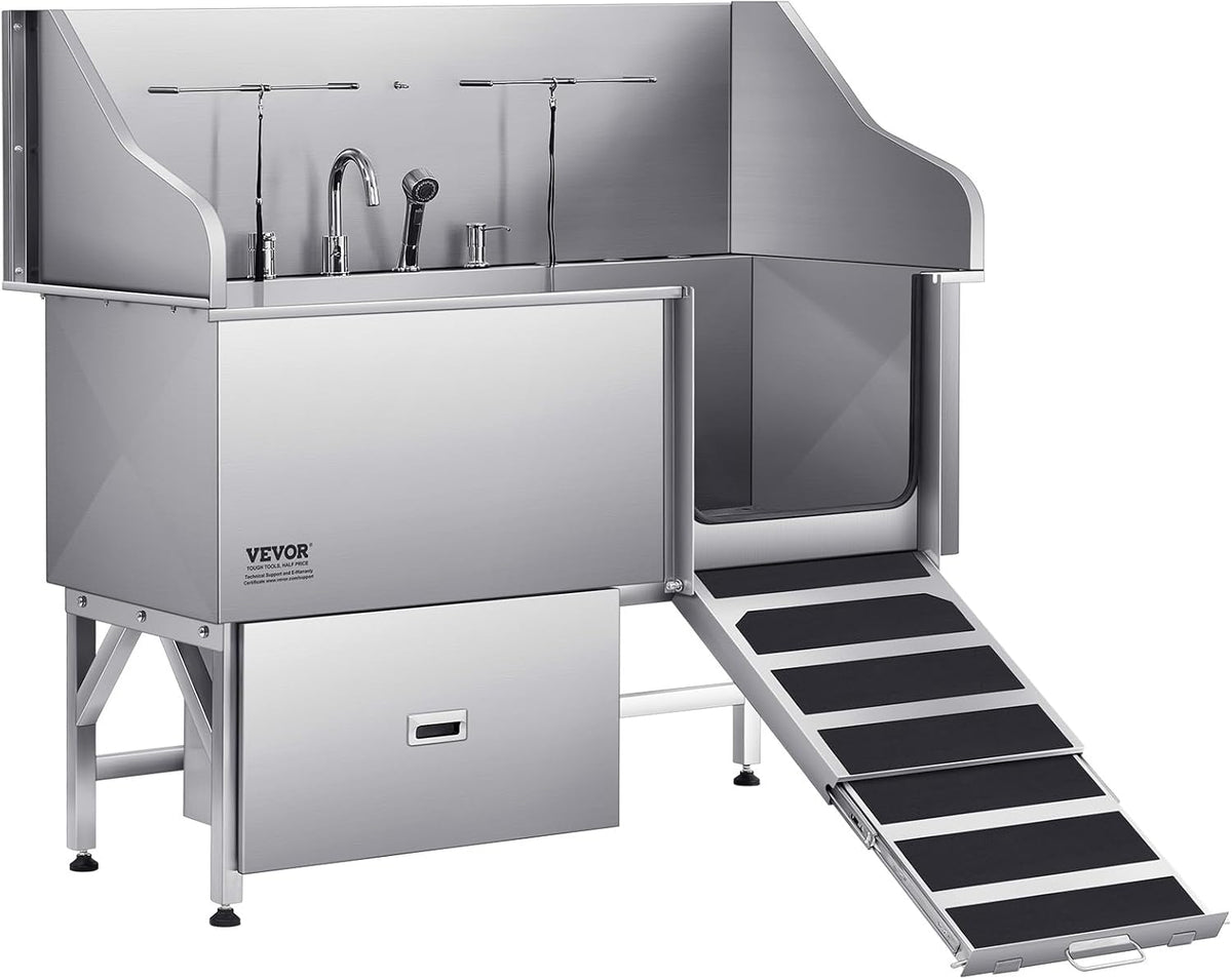VEVOR Professional 304 Stainless Steel Dog Bathing Station, 61 inch Pet Grooming Tub w/Anti-Slip ramp, Storage Drawer, Cold Hot Faucet Showerhead for Large & Medium & Small (Right Door, with Drawer)