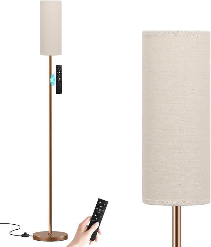 Ambimall 64'' Floor Lamps for Living Room with Remote Control and Stepless Dimmable Colors Temperature & Brightness, 9W Bulb Included(Beige Lampshade & Brown Pole)