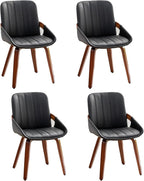 Mid Century Modern Faux Leather Upholstered Dining Chairs,Armless Accent Chairs with Sturdy Natural Wood Legs,Bamboo Backrest Support for Kitchen&Dining Room Chairs(Set of 4,Black PU)