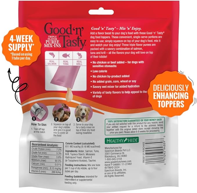 Good 'n' Tasty Triple Flavor Puree Mix-Ins Dog Food Topper Treats for All Dogs, 28 Count, Easy Single-Serve Portions, Added Protein with Salmon, Tuna and Krill, No Chicken or Beef Added