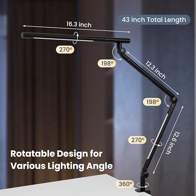 Pak LED Desk Lamp with Clamp, 18W Dual Light Architect Desk Light, Adjustable Swing Arm RGB Light Sensor Switch, Eye-Caring 4 Modes Stepless Dimming Table Lamp for Home Office Reading Study Gaming