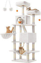 Feandrea Cat Tree, 66.1-Inch Large Cat Tower with 13 Scratching Posts, 2 Perches, 2 Caves, Basket, Hammock, Pompoms, Multi-Level Plush Cat Condo for Indoor Cats, Cream White UPCT165T01