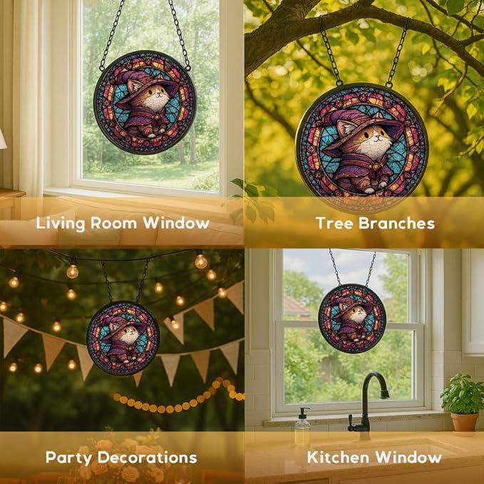 Stained Glass Window Hanging， Cat on Moon 9.8in Sun Catchers Indoor Window， Core Decor Inside and Outside The Cottage， Gothic Decor， Cute Black Cat Gifts for Women， Home Decor