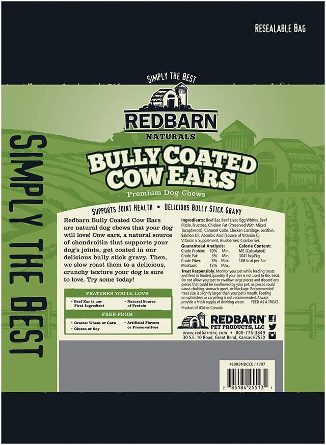 Redbarn Pet Products All-Natural Bully Coated Cow Ears Chews for Dogs - Premium Crunchy Dental Treats with Chondroitin for Joint Health - Made in USA with No Artificial Ingredients - 4.2 oz Bag