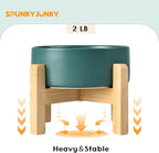 SPUNKYJUNKY Ceramic Elevated Dog Bowls 2 Pack - 6.1inch Raised Dog Bowls with Non-Slip Wooden Stand for Medium Dogs Dishwasher Safe(Green,28.7OZ*2)