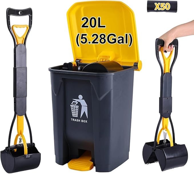 Pooper Scooper 2 Pack with 20 Litre Step Dog Poop Trash Can, 28" Long Handle Dog Poop Scoopers for Large Small Dogs Heavy Duty, Removable Inner Bucket for Outdoors, 50 Waste Bags Included