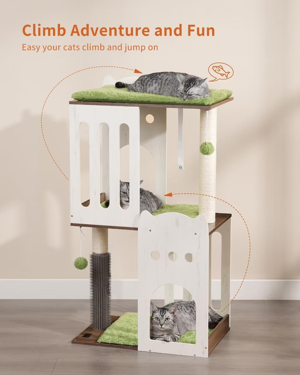 FourFurPets 43.7in 3-Tier Modern Cat Tree Tower Condo, Cat Scratch Posts for Indoor Cats, Big Plate, Two 19.7in Full Sisal Scratching Posts, White