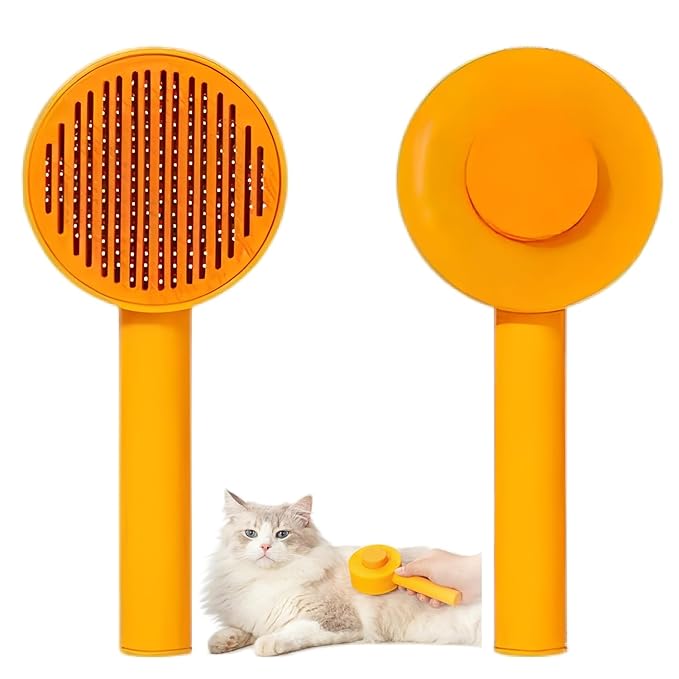 Self-Cleaning Pet Brush - Deep Massage Deshedding Comb with Resin Protective Tips, Curved Teeth, One-Button Hair Release - Washable, for Shedding & Long-Haired Dogs Cats