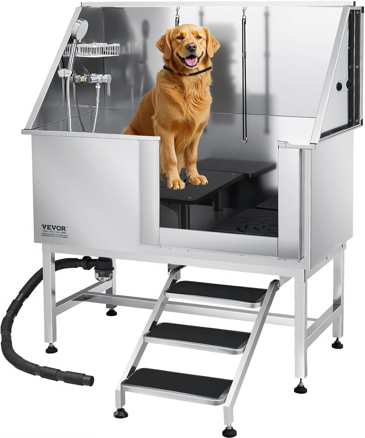 VEVOR Stainless Steel Dog Washing Station, 50 inch Pet Grooming Tub w/Stairs, PE Water Filter Board, Faucet & Showerhead & Soap Holder Dog Bathtub for Large & Medium & Small Pets (Right Door)