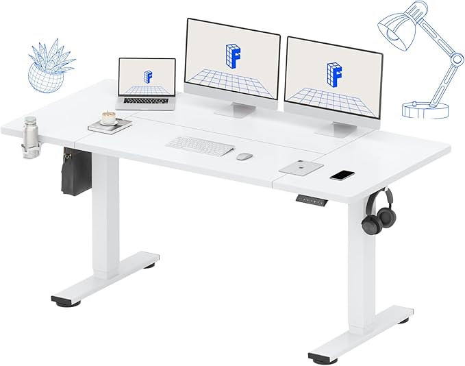 FLEXISPOT 63 x 32 Inch Large Standing Desk, Stand Up Desk with Splice Board, Rising Desks for Home Office, Office Desk with Cup Holder and Headphone Hook (White Frame + White Top, 2 Packages)
