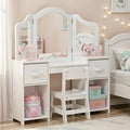 Arlopu Kids Vanity Set, 2 in 1 Toddler Makeup Dressing Table and Chair Set w/Detachable Tri-fold Mirror, Open Shelves, Princess Wooden Pretend Play Desk Furniture Toy for Little Girl (White)