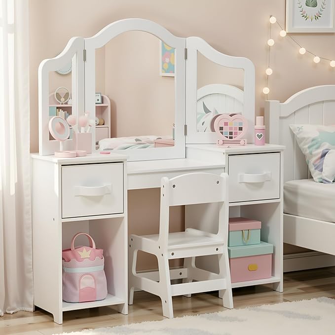 Arlopu Kids Vanity Set, 2 in 1 Toddler Makeup Dressing Table and Chair Set w/Detachable Tri-fold Mirror, Open Shelves, Princess Wooden Pretend Play Desk Furniture Toy for Little Girl (White)