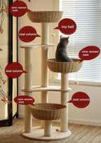 54" Large Modern Cat Trees, Luxury Rattan Oak Solid Wood Cat Trees Towers，3 Weaving Cat Nests & Washable Cool Cushions, Sisal Scratching Posts,Cat Condo for Indoor Cats- Wood Wax Oil Version