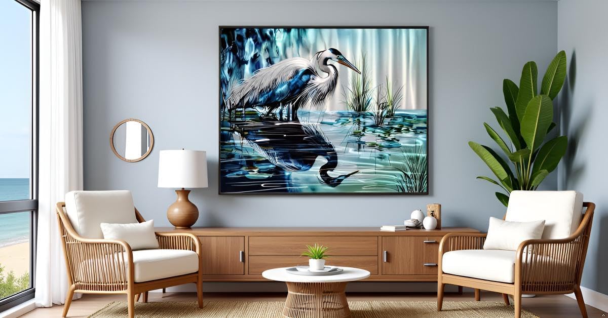 Yihui Arts Elegant Blue and Silver Heron Metal Wall Art for a Modern and Contemporary Home Decor Accent