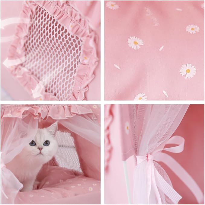 Cat Bed Tents Dog House Indoor Outdoor Lace Mesh Breathable Windows Door Curtains Removable Portable Nest Teepe House (Large,Pink(Ruffled Teim))