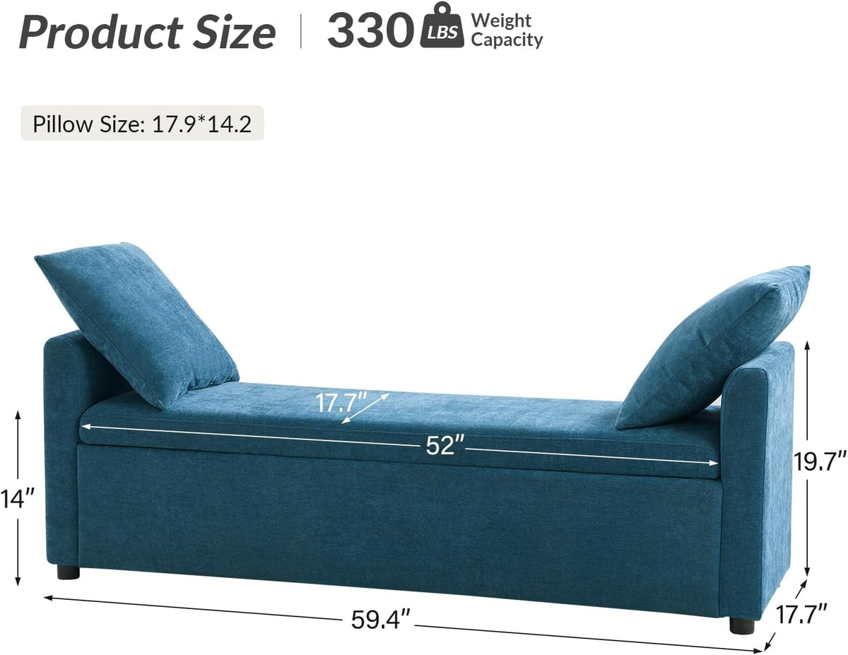 HULALA HOME Modern Storage Bench with Throw Pillows, 59.4" Extra Long Bedroom Ottoman Bench for End of Bed, Comfy Upholstered Footstool for Entryway Dining Room Living Room, Teal