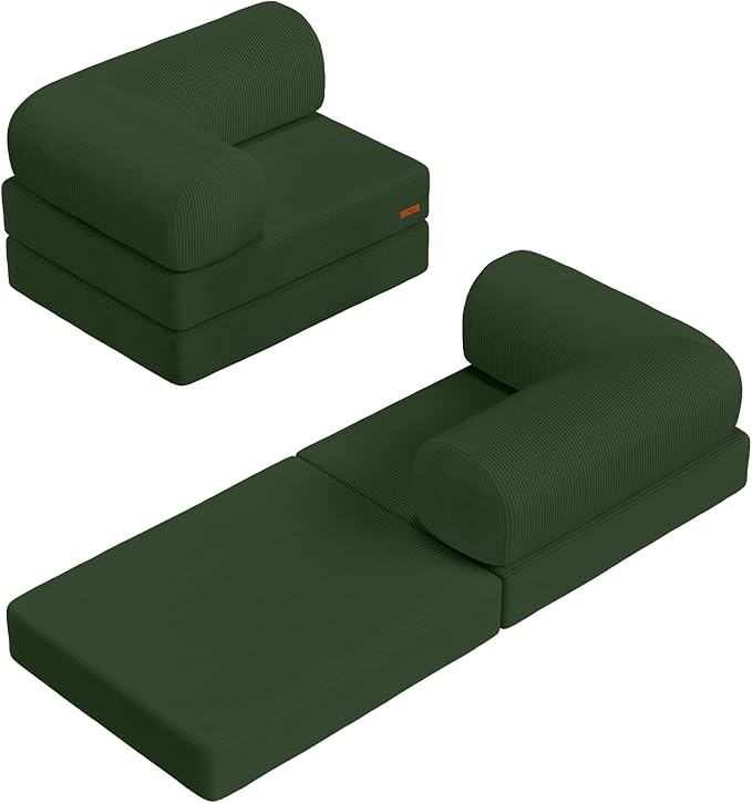 COMAX Folding Sofa Bed, Fold Out Chair Bed, Foldable Sofa, Convertible Sleeper for Adults, Futon Chair Single Small Floor Couch for Spaces, Bedroom Living Room Guest Room, Green