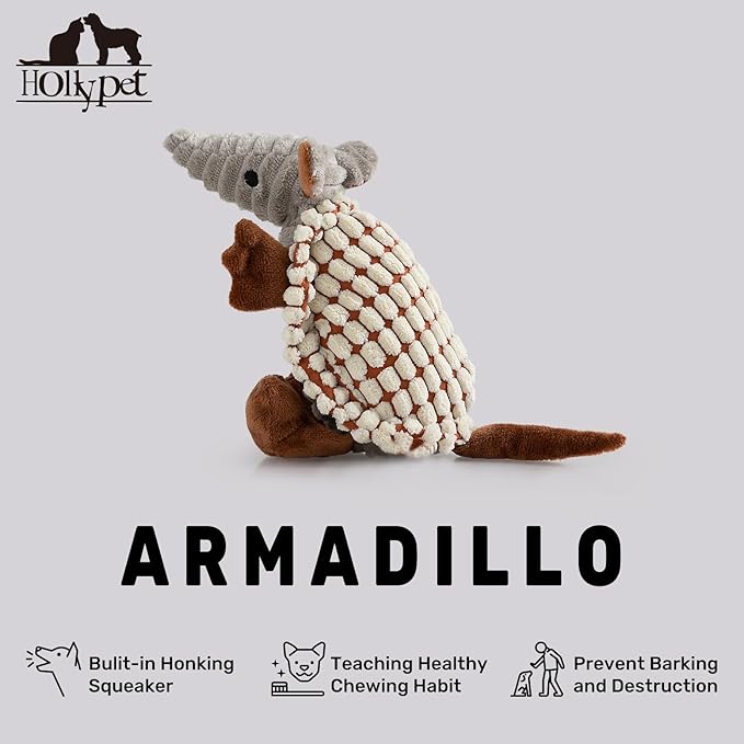 Hollypet Plush Dog Squeaky Toy Stuffed Armadillo Animal Pet Puppy Chew Toys with Clean Teeth for Small Medium Large All Breed Sizes Dogs, Milky White, 8 in