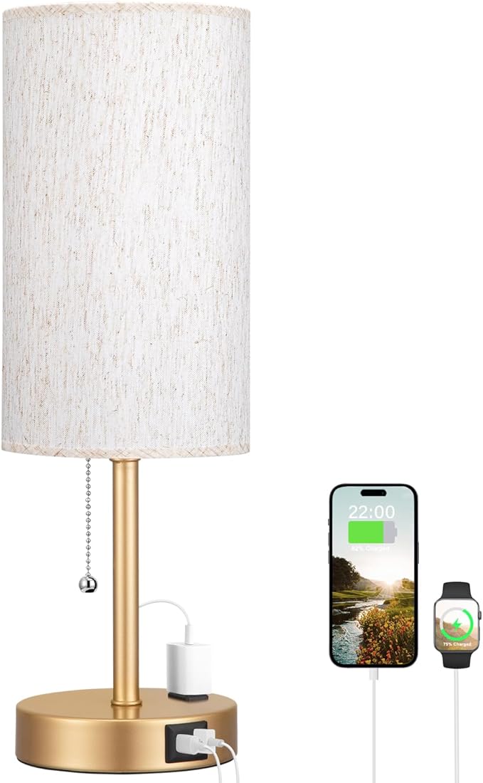 Dicoool Gold Bedside Table Lamp for Bedroom, 17Inch Tall Nightstand Lamp with USB C & A Ports & AC Outlet, 3 Color Temperatures Pull Chain Side Table Lamp for Living Room/Kitchen/Dorm/Office