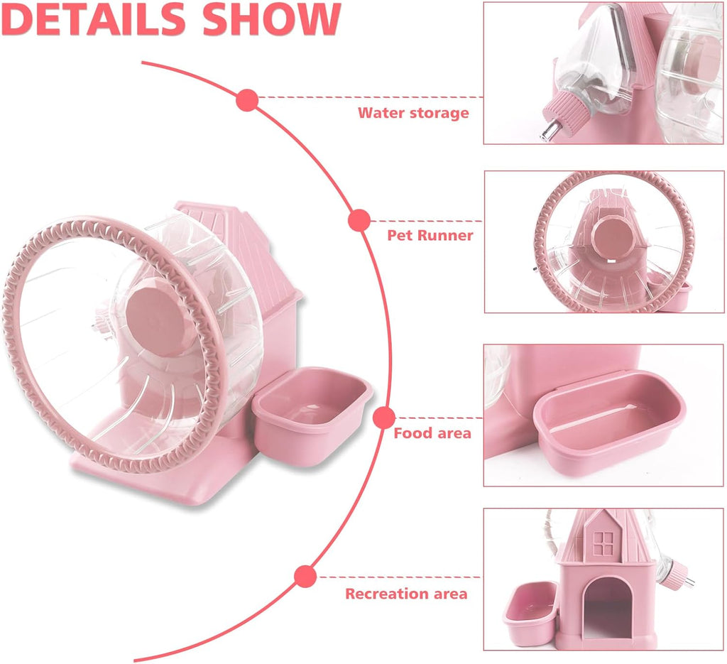 4 in 1 Silent Large Hamster Wheel Multifunctional Hamster Running Wheel Quite Running Spinner Wheel Accessories with Food Bowl Water Bottle for Hamsters Dwarf Gerbil (Pink)