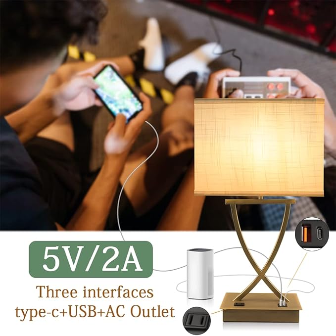 3-Way Dimmable Touch Control Medium Table Lamp with Type C/USB Charging Port and 1 AC Outlet White Shade 21.38" Bedside Nightstand Lamp for Bedroom Living Room Office and Hotel Bulb Included