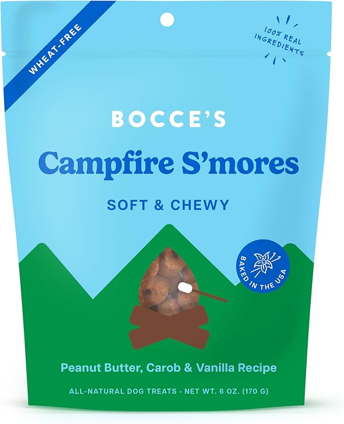 Bocce's Bakery Campfire S'Mores Treats for Dogs, Wheat-Free Everyday Dog Treats, Made with Real Ingredients, Baked in The USA, All-Natural Soft & Chewy Cookies, Peanut Butter, Carob, & Vanilla, 6 oz