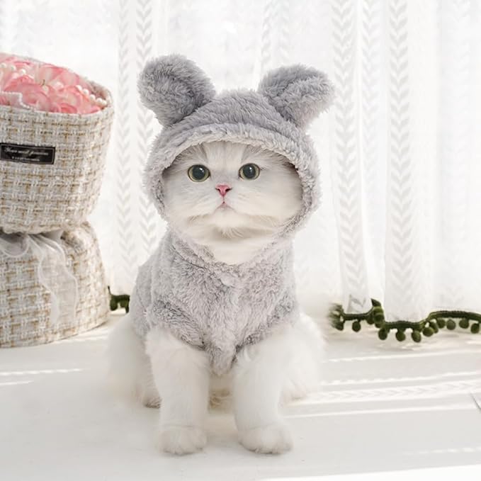 Cat Bunny Ears Costume Cute Dog Kitten Hoodies Sweater Rabbit Ears Puppy Pet Apparel (Medium,Gray)
