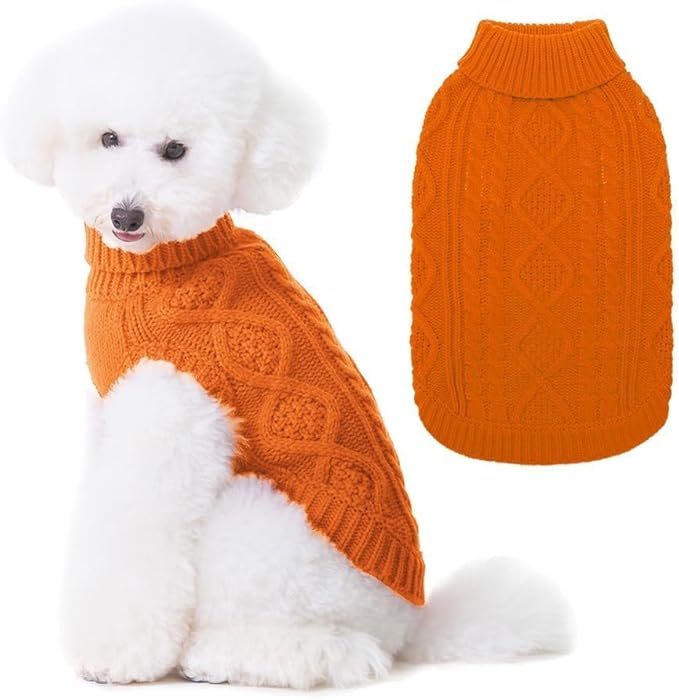 BINGPET Thermal Knitted Dog Sweater, Winter Dog Cat Coat, Warm Sweater for Small/Medium Dogs, Classic Cable Knit Turtleneck Pullover, Orange Acrylic
