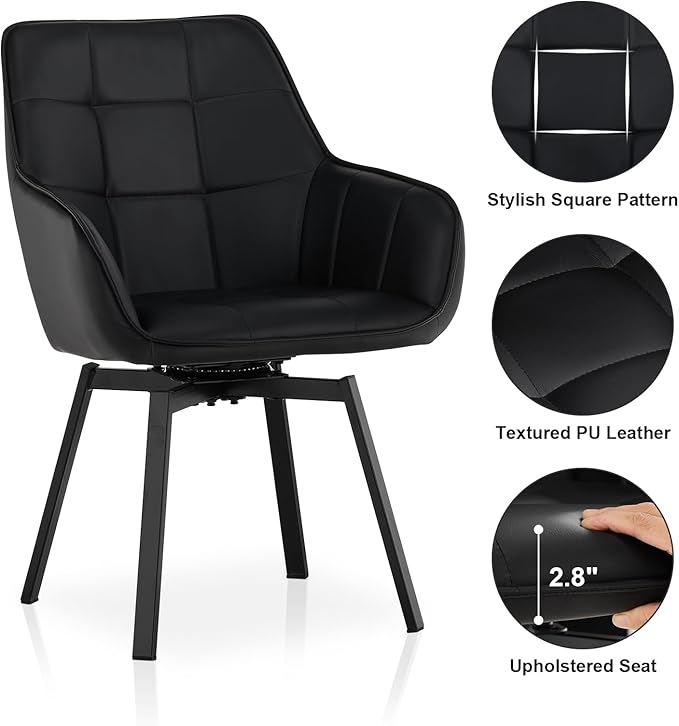TUKAILAi Swivel Dining Chairs Set of 6, Faux Leather Upholstered Accent Dining Chairs with Metal Legs, Rotatable Armchairs Desk Chair for Home Office Kitchen Restaurant Modern (Black)