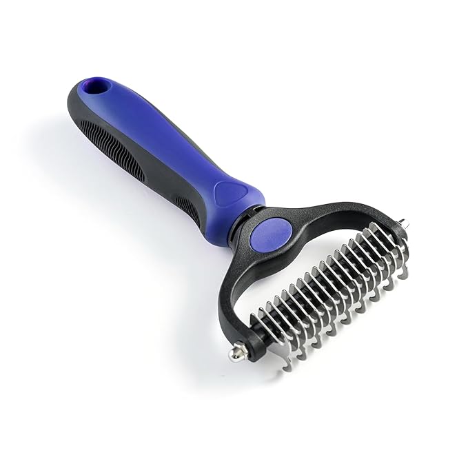 WePet Grooming Rake for Dogs & Cats, Double-Sided Deshedding Brush, Extra-Wide Dematting Tool, Slicker Comb for Undercoat & Loose Hair Removal, Reduces Shedding by 95%, Blue, Large