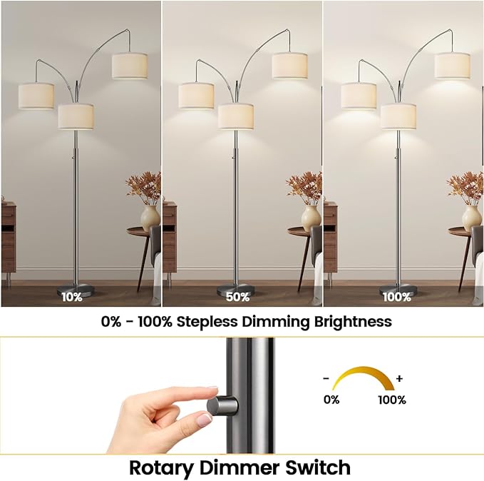 Nintiue Dimmable Floor Lamp - 3 Lights Brushed Nickel Arc Floor Lamps for Living Room,1000LM Modern Tall Standing Lamp with White Shades,Mid Century Tree Floor Lamp for Bedroom,3 LED Bulbs Included