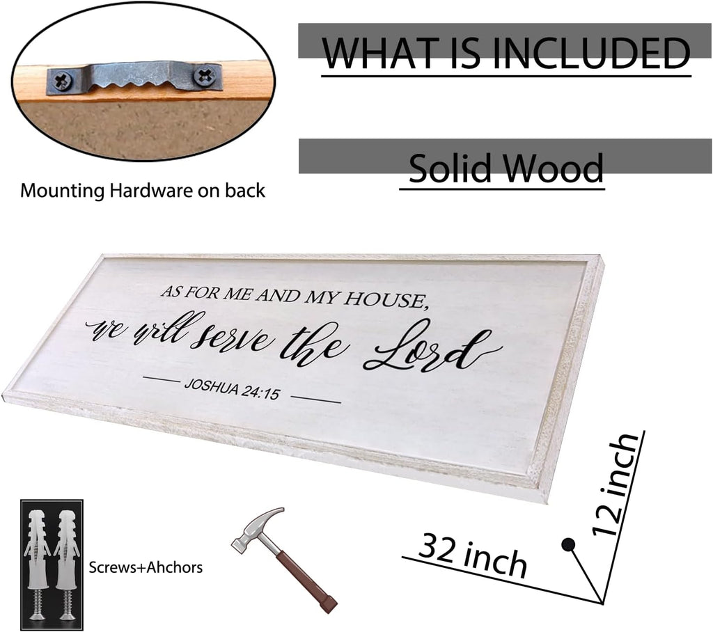 As for Me and My House We Will Serve the Lord Wall Decor - 32" x 12" Large Rustic Family Living Room Wood Framed Home Sign Joshua 24 15 Christian Bible Verse Plaque Hanging Wall Art(White)