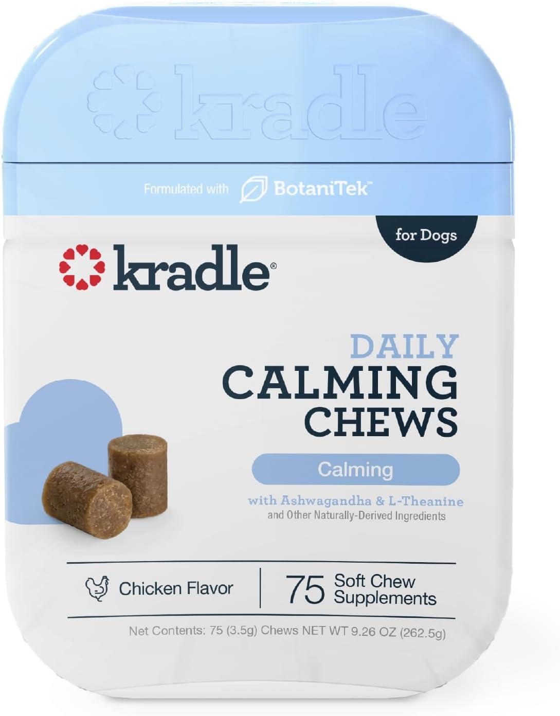 Kradle Calming Chews for Dogs - Anxiety and Stress Support - L-Theanine Ashwagandha GABA - Calming Supplement for Relaxation and Stress - Chicken Flavor- 75 Chews