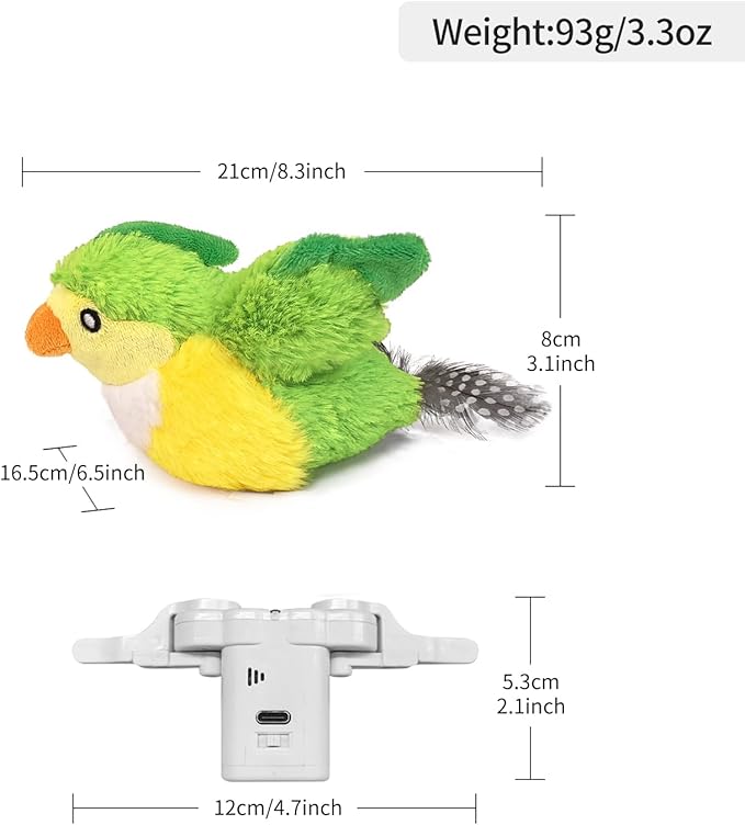 Interactive Flapping Bird Cat Toy with Catnip, Touch Activated Rechargeable, Musical Sound (can Turn Off), Satisfy Cat's Natural Huting Instinct, Soft Plush Washable Cover (Green)