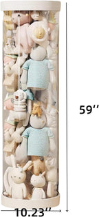 Large Stuffed Animal Storage Tube with Wheels, Tall Toy Organizer with Double Zipper, WhiteClear PET Cylinder Container for Plush Toy Organization, Space Saving Kids Room Storage