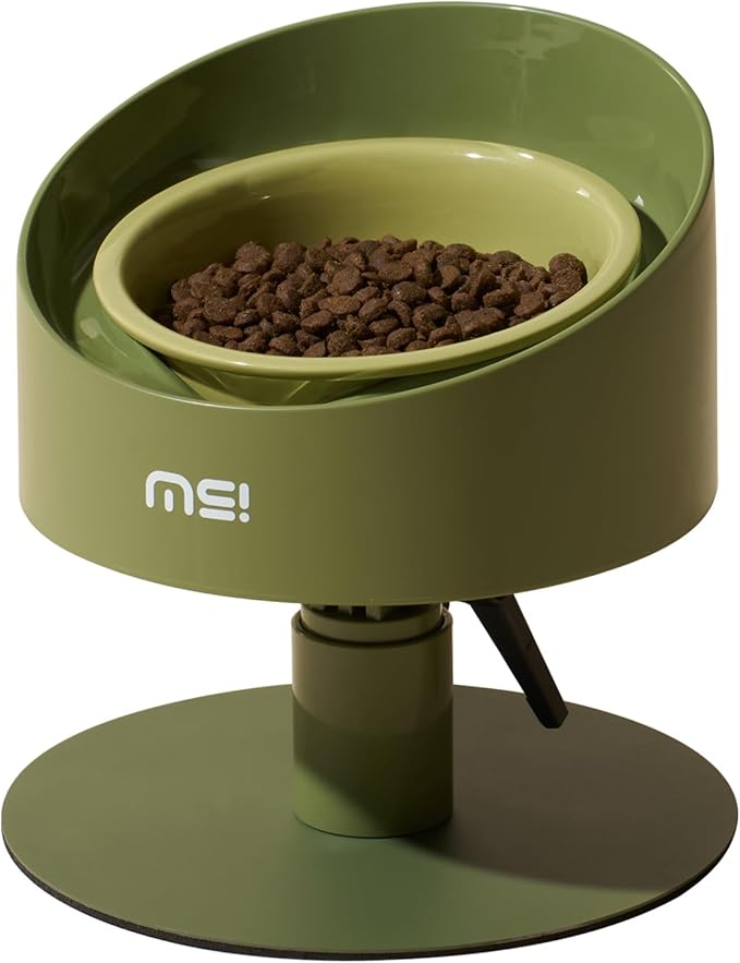 MS!MAKE SURE Adjustable Raised Cat Bowls, Ceramic Elevated Cat Bowls, Pet Bowl with Anti - Slip Rubber Pad, Leak - Proof, Lead & Cadmium Free, Whisker - Friendly, for All Life Stages of Age Green
