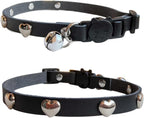 Spiked Cat Collar with Bells, Breakaway Genuine Leather Protective Collar for Kitty, Studs Spikes Punk Style, Heart Pattern, Adjustable for Girl Boy Kittens Small Bunny Rabbit, 10"-12" Black