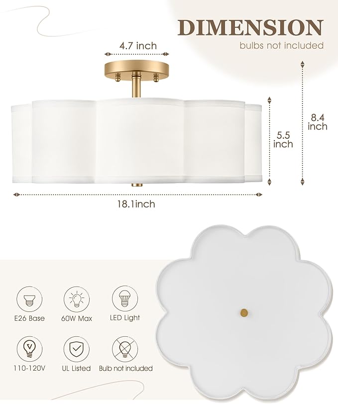 Gold Semi Flush Mount Ceiling Lights, 4-Light 18" Ceiling Light Fixtures with Fabric Shade in Flower Shape, Farmhouse Brass Drum Lighting for Nursery Bedroom Kitchen, AD-22009-4SF-GD