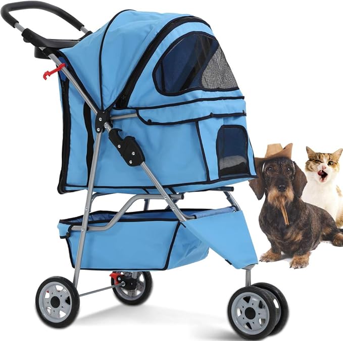 Dkeli 3-Wheel Pet Stroller, Lightweight Foldable Dog Stroller for Small Medium Dogs & Cats, Breathable Mesh & Weather Cover with Storage Basket, for Daily Walk Outdoor Travel (Blue)