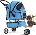 Dkeli 3-Wheel Pet Stroller, Lightweight Foldable Dog Stroller for Small Medium Dogs & Cats, Breathable Mesh & Weather Cover with Storage Basket, for Daily Walk Outdoor Travel (Blue)