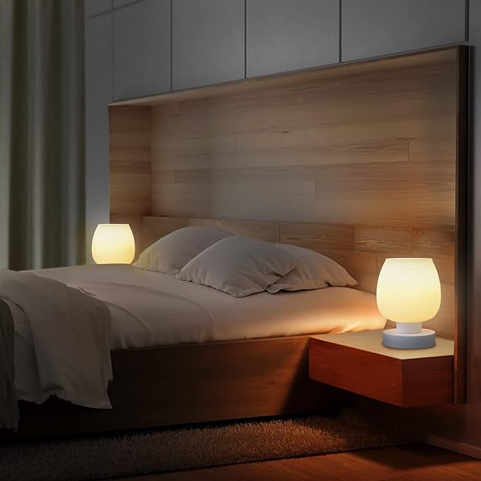 Touch Bedside Table Lamp Set of 2 - Small Modern Table Lamp for Bedroom Living Room Nightstand, 3-Way Dimable Desk lamp with White Opal Glass Lamp Shade, 2700K LED Bulb, Simple Design Home Decor