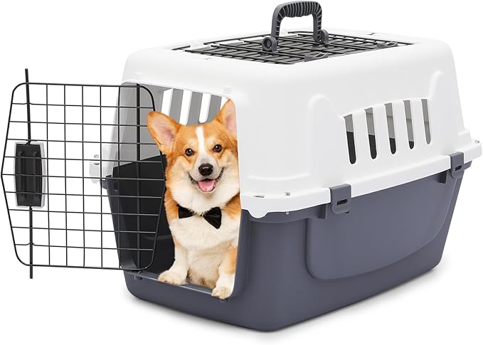 Athena Collection 22" Hard-Sided Travel Pet Carrier for Small Dogs and Cats, Plastic Dog Crate with 2-Door Top & Front Load, Ventilation, Security Lock, Cat Dog Carrier for Pet, up to 22lbs, Grey