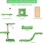 Cat Wall Shelves, 6 in 1 Cat Wall Furniture Set with Condos House, Bed, Bridge, Tree, Steps, Scratching Board, DIY Walls Playground for Indoor (Green)