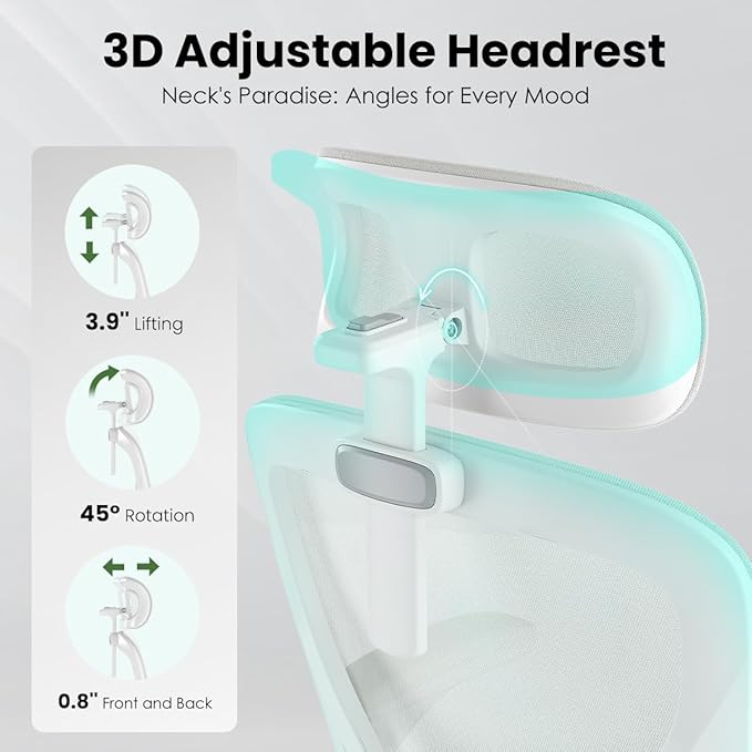 Soohow Office Chair, Ergonomic Office Mesh Desk Chair with Adjustable Back Support, High Back Comfy Computer Swivel Chair with Headrest, Lumbar Support for Study Room, Gaming and Office, White White
