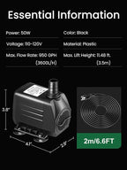 GROWNEER 950GPH Submersible Pump 50W Ultra Quiet Fountain Water Pump 3600L/H, with 9.8ft High Lift, 4 Nozzles for Aquarium, Fish Tank, Pond, Hydroponics, Statuary, Garden, Black (950GPH)