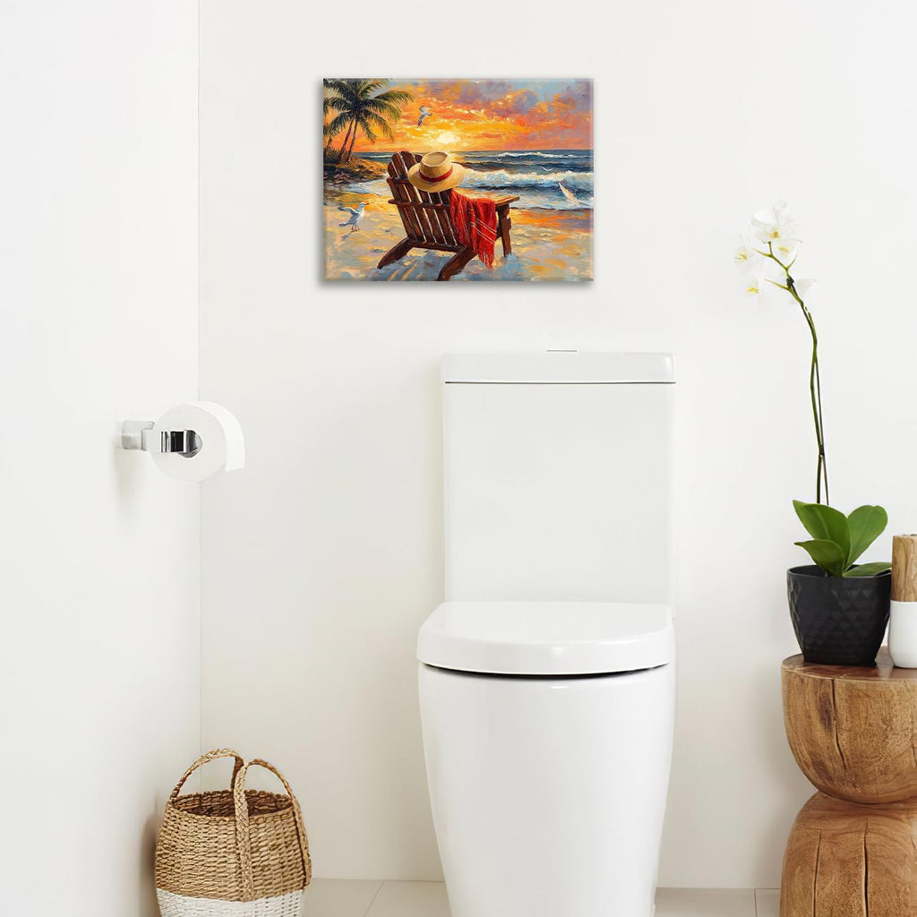 Beach Coastal Bathroom Pictures Wall Art, Seaside Ocean Bathroom Wall Decor, Sunrise Palm Framed Painting Canvas Artwork for Bedroom Living Room Decorations 20"L x 16"W