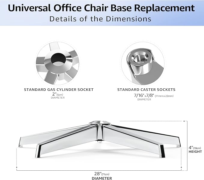 MASTERY MART 28 Inch Office Chair Base, Heavy Duty 2400 Lbs, Reinforced Metal Desk Chair Replacement, Universal Gas Cylinder Hole Caster Socket, Silver