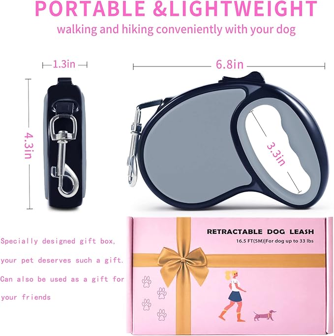 Retractable Dog Leash,[Strong Nylon Tape][One-Handed One Button Lock] for Small Medium Dogs and Cats,16ft Pet Walking Leash with 360°Tangle-Free Design,Anti-Slip Handle,Gift Package (Grey)