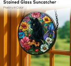 6.3in Stained Glass Window Hanging， Black Cat and Colorful Flowers Sun Catchers Indoor Window， Core Decor Inside and Outside The Cottage， Gifts for Women -721